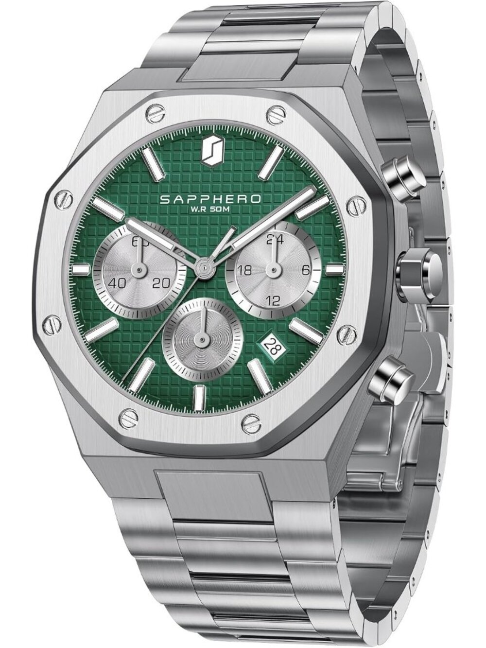 Men's Silver Strap Green Face Stainless Steel Octagonal Date Quartz Wrist Watch